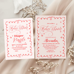 Tarjeta De Recepción Bow rosado minimalista Doodle Baby Diapper Raffle