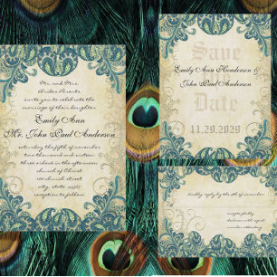 Invitaciones a la boda de pavo real azul y verde
