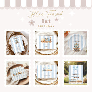 Invitación Tren azul vintage Primer cumpleaños