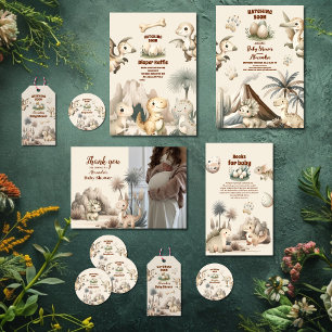 Pegatina Redonda Boho Cute Hatching pronto Dinosaur Baby Shower