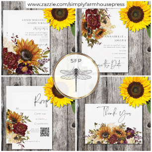 Tarjeta De Agradecimiento Verano Rústico girasoles y Boda floral borgoñona