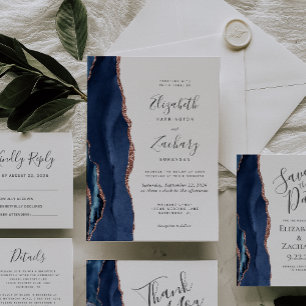 Tarjeta Rosa de Oro Azul Marino Agradecimiento de Boda Pla
