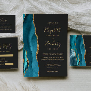 Invitación Modern Teal Gold Agate Dark Wedding Invitation