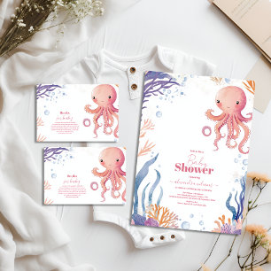 Tarjeta De Recepción Octopus Cute color de agua rosa Chica Diapper Raff