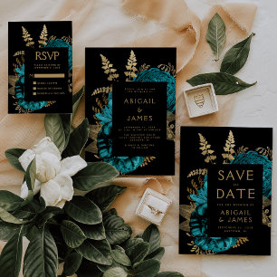 Tarjeta De Recepción Moody Dark Floral Turquesa Boda de Oro RSVP