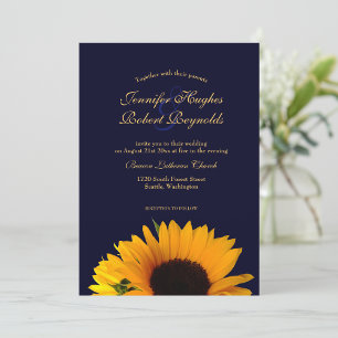 Invitación Boda de girasol azul de la marina alegre y elegant