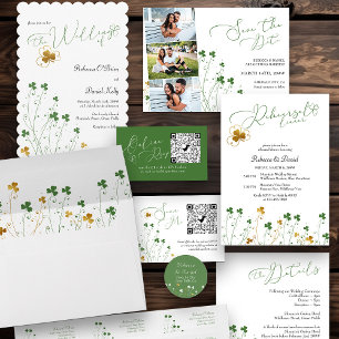 Invitación Shamrock Wildflower Green y Gold Boda