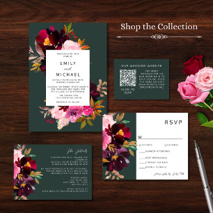 Invitación Burgundy Forest Green Rubor Floral Watercolor