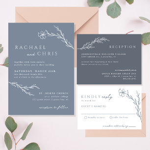 Tarjeta De Agradecimiento Contorno floral moderno de Boho en azul turbio