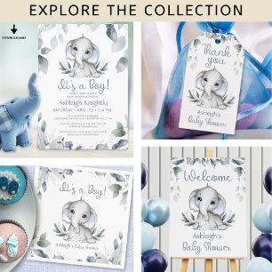 Invitación Elephant Blue Boy Baby Shower Watercolor Greenerat