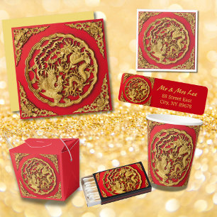 Dragon Phoenix Red Gold Invitación a la Boda China