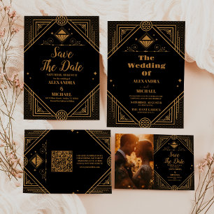 Tarjeta De Recepción Boda de código QR de oro negro geométrico Art Deco