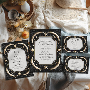 Invitación Todo En Uno Boda de la Luna de los Estrellas Negros Celestiale