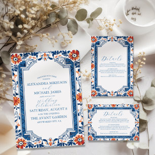 Tarjeta De Confirmación De Asistencia Boda azul mediterráneo italiano de mosaico
