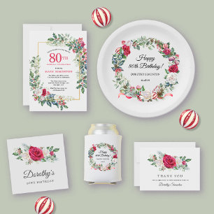 Invitación Floral de rosa blanca roja Holly 80 cumpleaños