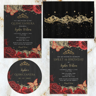 Pegatina Redonda Vintage Red Roses Black Gold Lace Quinceañera