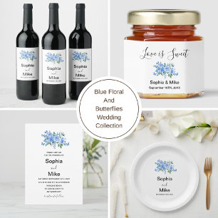 Etiqueta Para Botella De Vino Boda de Acuarela Azul Floral y Mariposas 
