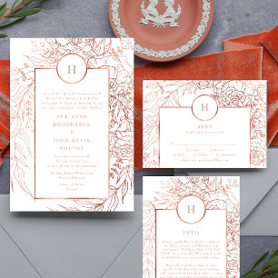 Tarjeta De Recepción Boda de guirnaldas monograma de oro con Rosa duro 