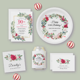 Invitación Floral de rosa blanca roja Holly 90 cumpleaños