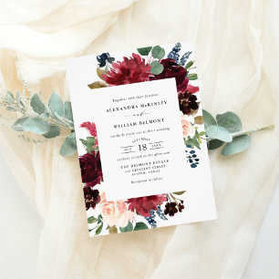 Invitación Boda de las flores azul y borgoña acuarela