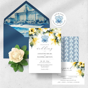 Invitación Monograma color de agua azul y amarillo Boda