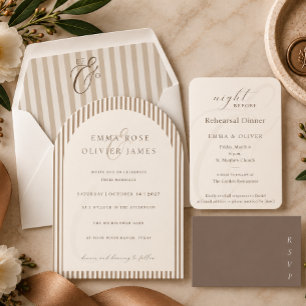 Invitación Bodas de rayas marrón cocoa boho minimalista marfi