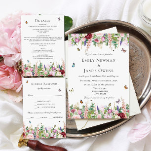 Invitación Flores moradas rosadas con Boda de mariposas