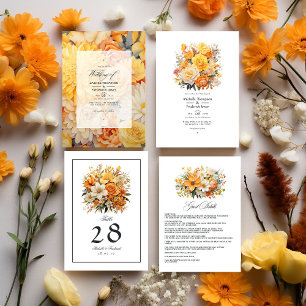Invitación Boda amarillo, Naranja y marfil floral
