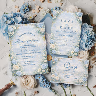 Invitación Quinceañera Floral Azul Dorado Jardín