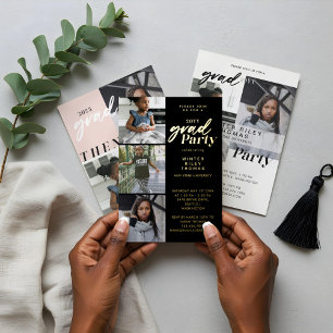 Invitación Moderno White Now y luego 3 Photo Graduation Party