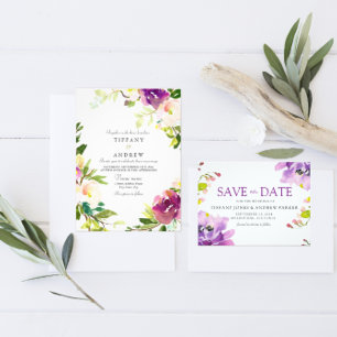 Invitación a la boda de color acuático floral púrp