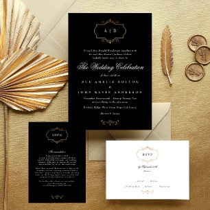 Invitación boda elegante de monograma de oro clásico blanco n