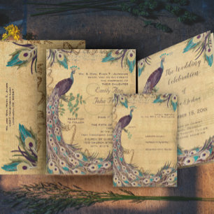 Invitación Eggplant Aqua Peacock Vintage 3 Fethers