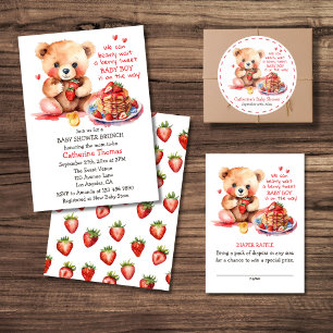 Invitación Teddy Bear Strawberry Pancake Brunch Baby Shower