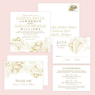 Tarjeta De Agradecimiento Monograma elegante Boda floral de oro