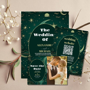 Invitación Elegante Boda celeste de oro verde esmeralda