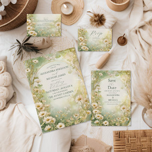 Invitación Todo En Uno Art Nouveau Daisies Ivory Green Boda