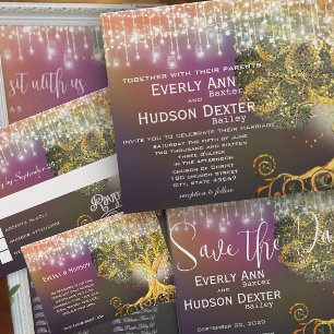 Invitación Boda de Garland con luces de bosques amarillos y v