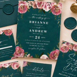 Invitación Boda floral verde azul profundo Blooming Chic