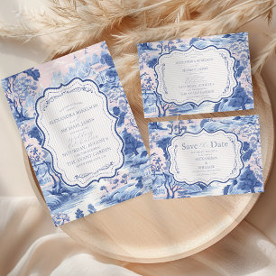 Invitación Todo En Uno Boda de porcelana floral Chinoiserie Blue White