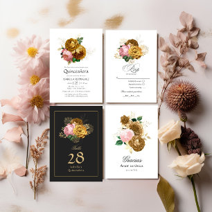 Tarjeta De Agradecimiento Vintage Rubor Pink and Gold Floral Quinceañera