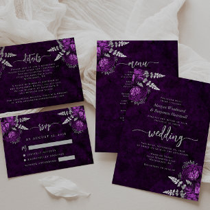 Tarjeta De Recepción Boda RSVP Floral Script Plata Púrpura Ciruela