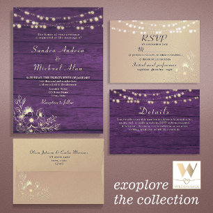 Invitación Purple Rustic Wood String Lights Boda QR Code