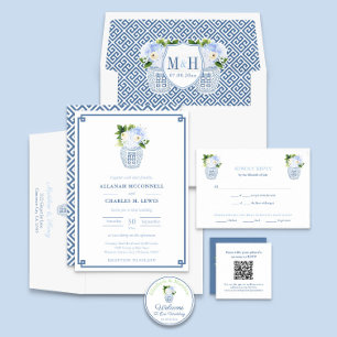 Invitación Boda Preppy Floral Blue & White Ginger Jar