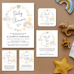 Pegatina Cuadrada Boho Rainbow Sun Baby Shower Gracias