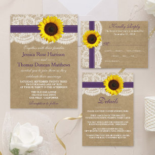 Invitación Colección Kraft, Lace & Sunflower - Púrpura