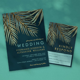 Invitación Modern Palm Gold Teal Tropical Beach Wedding