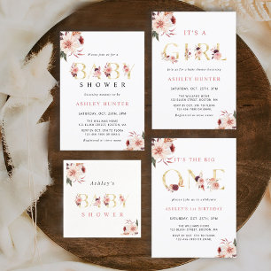 Invitación Letra floral oro Chica elegante primer cumpleaños