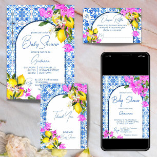 Invitación Blue Tiles Bougainvillea elegante ducha de bebé