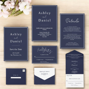 Tarjeta De Recepción Elegante Boda Mínimo Azul de la Marina de Moda